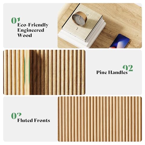 AMERLIFE Fluted Night Stand with Storage Drawers, Modern Small Nightstand & Bedside Table with Open Shelf, Curved Profile Design & Pine Handles, Wood End Table for Bedroom, Oak - color: Oak