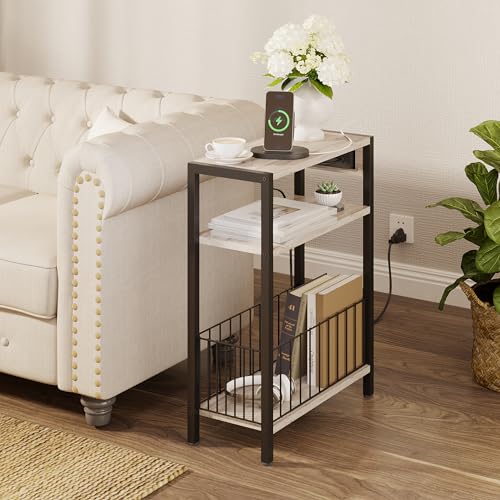 TRIFEBLE Narrow Side Table with Charging Station, Small End Table for Small Spaces, Slim Nightstand with Storage Basket, 3 Tier Skinny Bedside Table for Living Room, Bedroom, Greige - color: Greige, style: With Basket & Power