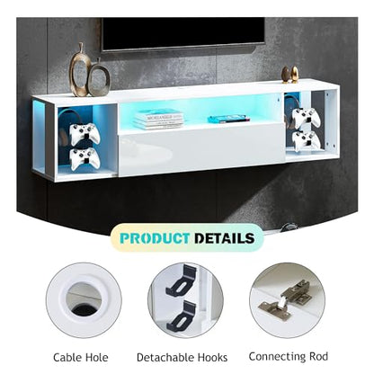 sogesfurniture 55' White TV Stand, Floating Entertainment Center with Lights, Modern Media Console with Storage, Wall Mounted LED TV Stand for Living Room - size: 55''-White