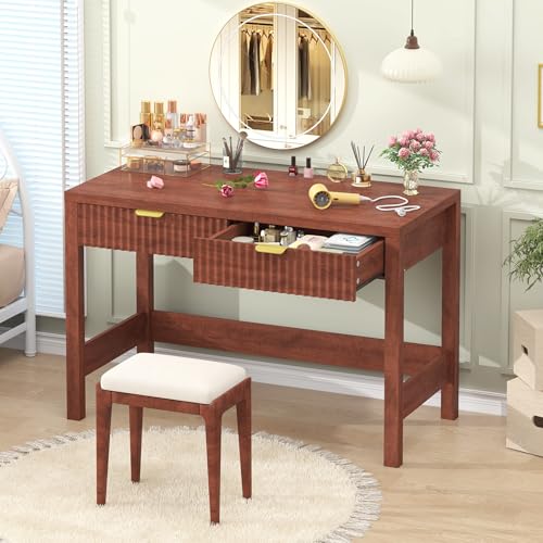 YOMILUVE Fluted Computer Desk with 2 Drawers, 39 Inch Small Computer Desk with Storage, Compact Writing Study Desk for Small Spaces, Red Walnut - color: Red Walnut