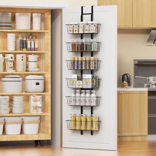 6 Tier Over the Door Pantry Organizer, Over the Door Spice Rack with Adjustable Baskets, Metal Hanging Door Pantry Organizers and Storage for Kitchen Bathroom Bedroom, Black - color: Black, size: 6-Tier