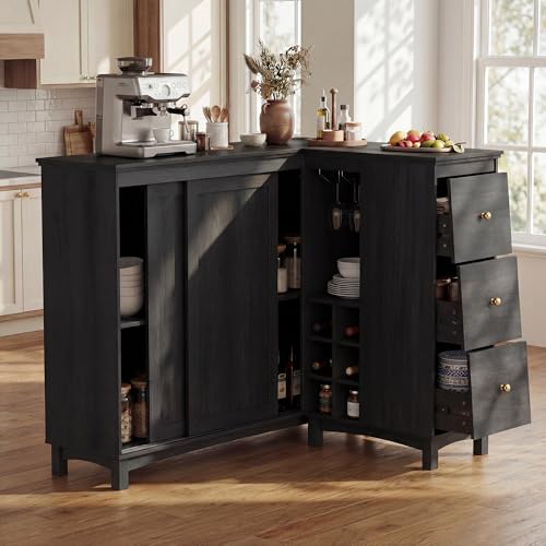 STO'SENSE Corner Bar Cabinet with Charging Station, Corner Coffee Bar Station with Storage Drawers, L-Shaped Bar Table with Wine Rack & Glass Rack, Home Bar Unit with Sliding Door, Black - color: Black