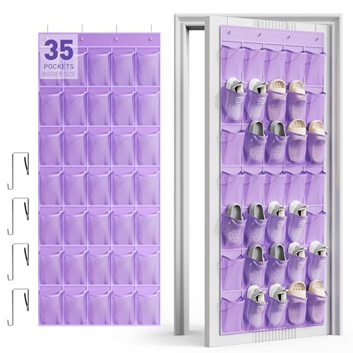 WVM Over the Door Shoe Organizer with 35 Breathable Mesh Pockets, Hanging Shoe Organizer for Door with 4 Metal Hooks, Large Capacity Closet Storage for Shoes, Accessories - color: Purple
