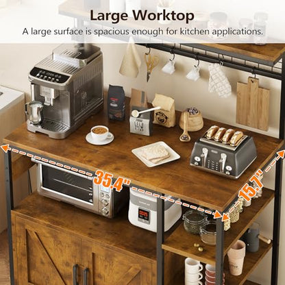 TVU Bakers Rack with Power Outlet and LED Light, Microwave Stand with Storage Cabinet, Coffee Bar Cabinet Station with 6 Hooks for Kitchen, Dining Room, Living Room, Coffee Bar, Rustic Brown, Black - color: Rustic Brown + Black