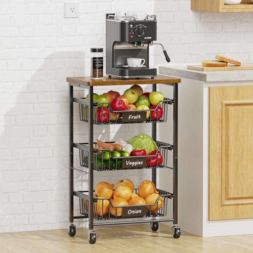CHLORYARD 4-Tier Vegetable Fruit Basket Kitchen Storage Rolling Cart on Wheels with Pull-Out Baskets and Wood Top for Kitchen Diningroom Pantry - color: Black, size: 4 Tier
