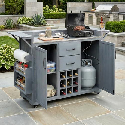 Modern 60.2''W Outdoor Kitchen Island with Wheels, Rolling Patio BBQ Kitchen Cart with Stainless Steel Top, Wood Grill Cart with Spice Rack&Wine Rack,2 Drawers, Gray - style: Gray