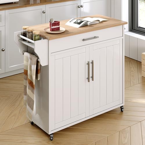 Kitchen Island with Storage, Wooden Countertop Rolling Kitchen Island On Wheels Storage Cabinet, Mobile Kitchen Island Cart with Towel Rack, Spice Rack and Drawers, White - color: White