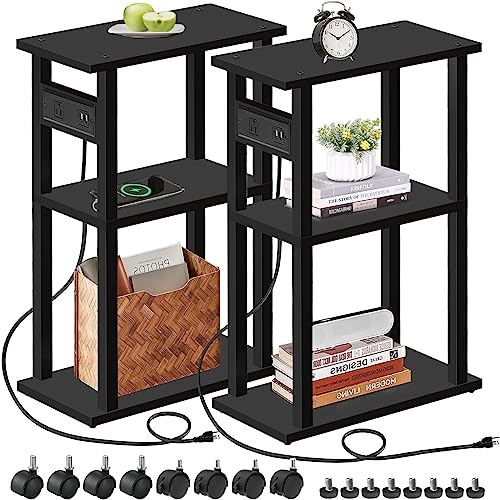 TUTOTAK Small Narrow Side Table with Charging Station, Set of 2 Skinny End Table for Small Spaces, Slim Nightstand with USB Ports and Outlet,Sofa Beside Table with Wheels, Black TB01BK047 - color: Black, size: 2 PC, style: With Plug