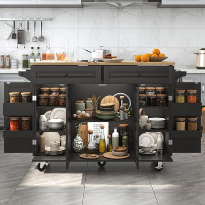Squireewo 55" Kitchen Cart with Wood Top and Drop Leaf Breakfast Bar, Rolling Mobile Kitchen Island Table on Wheels with Drawer and Storage Cabinet, Spice Rack, Towel Rack, Black - size: 55"W