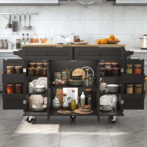 Squireewo 55" Kitchen Cart with Wood Top and Drop Leaf Breakfast Bar, Rolling Mobile Kitchen Island Table on Wheels with Drawer and Storage Cabinet, Spice Rack, Towel Rack, Black - size: 55"W
