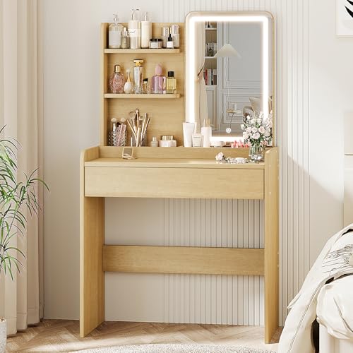 Memobarco Small Vanity Desk with Mirror and Lights, Makeup Vanity with Drawer & Storage Shelves, Vanity Desk with 3 Lighting Modes & Adjustable Brightness, Dressing Table for Women Girls Bedroom, Wood - color: Wood