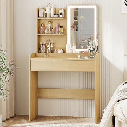 Memobarco Small Vanity Desk with Mirror and Lights, Makeup Vanity with Drawer & Storage Shelves, Vanity Desk with 3 Lighting Modes & Adjustable Brightness, Dressing Table for Women Girls Bedroom, Wood - color: Wood