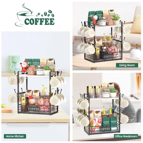 EsLuker.ly Coffee Mug Cup Holder Tree Bar Station Organizer, 2 Tier Mug Stand Rack for Countertop Kitchen, Storage Tower Display Shelf with 12 Hooks, Coffee Nook Enhancer, White-Black - color: White + Black