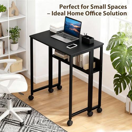 Folding Desk Small Rolling Desk with Storage Shelf,24.8 Inch Foldable Computer Table with Wheels,Portable Office Desk for Small Space Sofa Table,Easy to Fold,Writing Work Office Computer Desk,Black