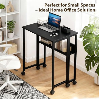 Folding Desk Small Rolling Desk with Storage Shelf,24.8 Inch Foldable Computer Table with Wheels,Portable Office Desk for Small Space Sofa Table,Easy to Fold,Writing Work Office Computer Desk,Black