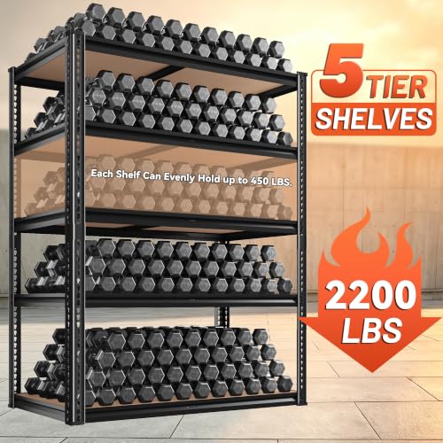ROOMFAVE 5 Tier Garage Shelving Heavy Duty Storage Shelves, 72"x35.8"x16" | 2200LBS Load Garage Shelves, Adjustable Metal Shelving Unit for Warehouse, Pantry, Kitchen, Basement, Black
