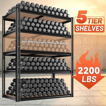 ROOMFAVE 5 Tier Garage Shelving Heavy Duty Storage Shelves, 72"x35.8"x16" | 2200LBS Load Garage Shelves, Adjustable Metal Shelving Unit for Warehouse, Pantry, Kitchen, Basement, Black
