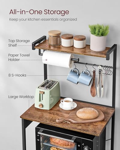 VASAGLE BARNET Collection - Kitchen Bakers Rack with Power Outlet, 23.6-Inch Wide Coffee Bar 4-Tier with 8 S Hooks, Modern Microwave Stand, Adjustable Shelf, Rustic Brown and Ink Black UKKS014K01V1 - color: Rustic Brown + Ink Black, size: 23.6"W