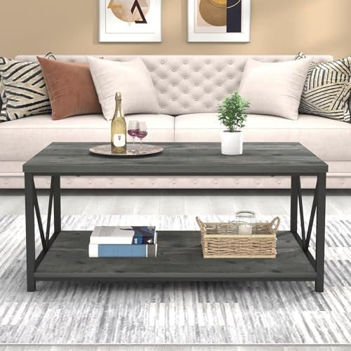 EXCEFUR Coffee Table, Rustic Wood and Metal Center Table for Living Room, 39.3 Inch Grey - color: Grey, size: 39 inch