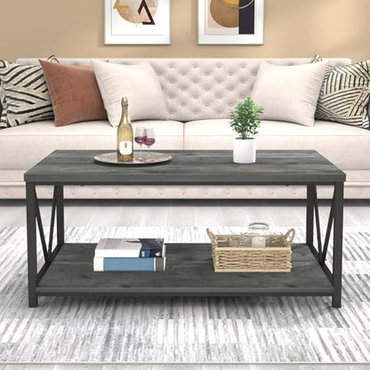 EXCEFUR Coffee Table, Rustic Wood and Metal Center Table for Living Room, 39.3 Inch Grey - color: Grey, size: 39 inch