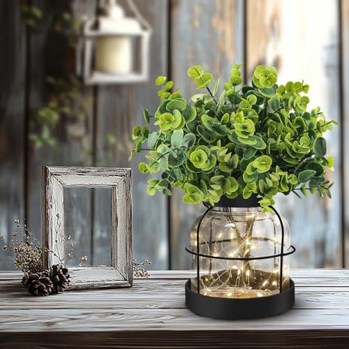 Farmhouse Rustic Glass Vases Primitive Country Lantern Coffee Dining Table Centerpiece Green Fake Artificial Eucalyptus Plants with Light Home Decor for Shelf Desk Counter Kitchen Bathroom, Black - style: Modern Decor
