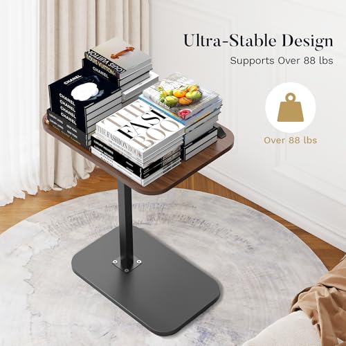 Side Table for Couch, Adjustable Height C Shaped End Table, Narrow Sofa Side Table for Living Room & Bedside, Brown Wooden Top with Black Metal Base