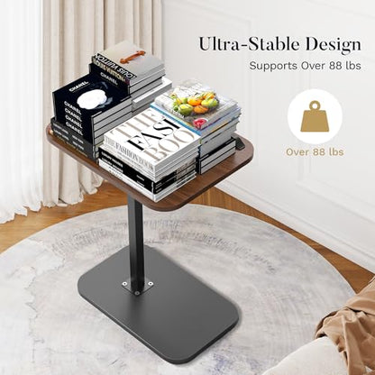 Side Table for Couch, Adjustable Height C Shaped End Table, Narrow Sofa Side Table for Living Room & Bedside, Brown Wooden Top with Black Metal Base