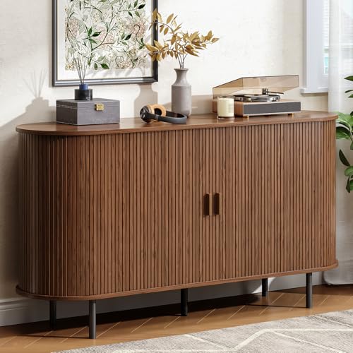 Buffet Cabinet with Storage, 55" Fluted Sideboard Buffet with Sliding Door, Coffee Bar Cabinet with Adjustable Shelf, Console Table, Accent Table for Entryway, Kitchen, Dining Room, Walnut - color: Walnut, size: 55 Inch