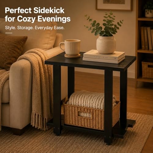 Transitional Narrow End Table, 2-Tier Rustic Side Table with Storage Shelves, Modern Farmhouse Industrial Nightstand for Living Room, Bedroom, Small Spaces, Couch, Black - color: Black