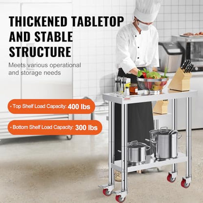 VEVOR Stainless Steel Work Table 30 x 12 x 34 Inch, 700 LBS Load Capacity with 4 Wheels, 3 Adjustable Height Levels, Heavy Duty Food Prep Worktable for Commercial Kitchen Restaurant, Silver - size: 30*12*34In, style: With Caster