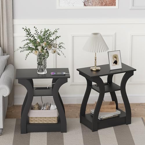 FROMJBEST End Tables Living Room with Charging Station, Black Side Tble | Side Table Living Room, with USB Ports and Outlets, Nightstand for Bedroom, 3-Tier Storage Shelf, Bedside Table - color: Black