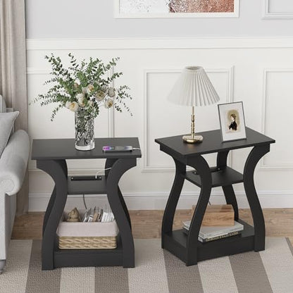 FROMJBEST End Tables Living Room with Charging Station, Black Side Tble | Side Table Living Room, with USB Ports and Outlets, Nightstand for Bedroom, 3-Tier Storage Shelf, Bedside Table - color: Black