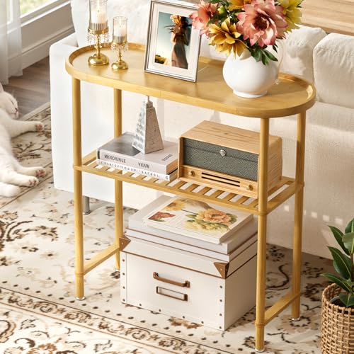 Small Entryway Table Bamboo 30.7", Narrow Hallway Table Oval Top 2-tier, Slim Console Table with Anti-fall Edge, Sofa Side Table 5min Easy Assembly, Small TV Stand for Bedroom, Indoor Plant Stand - color: Natural, size: 30.7"L x 11.8"W x 29.7"H