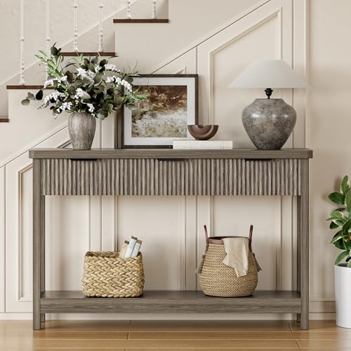 Fluted Console Table, 51 Inch Entryway Table with 3 Drawers | Scandi farmhouse look with quiet full-extension slides, open lower shelf, profile for hallway, entry, foyer or behind sofa. - color: Dark Gray