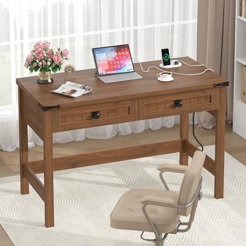 YOMILUVE Farmhouse Computer Desk with 2 Drawers, 39 Inch Small Office Computer Desk with Power Outlets, Compact Writing Study Vanity Desk for Small Spaces, Brown - color: Brown