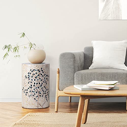 PEMAR Mother of Pearl Cylinder Drum End Table Nacre Side Stool Round Accent Table Coffee Bedside Nightstand and Vanity Stool Olive Tree 13" Diameter x 19.3" High - color: Olive Tree
