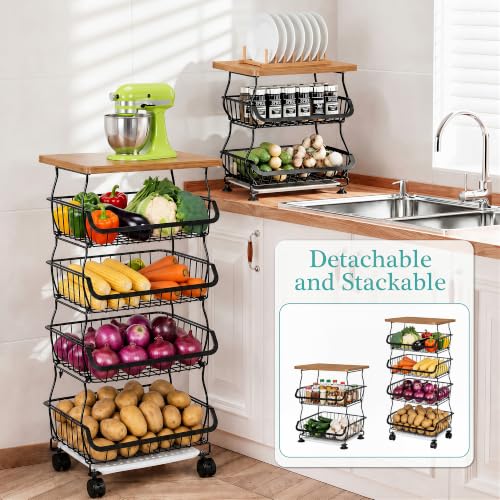 VECELO 5-Tier Fruit Basket with Wheels, Fruit and Vegetable Storage Cart for Kithchen, Stackable Produce Organizer Wire Baskets for Kitchen, Pantry, Living Room - size: 5 Tiers