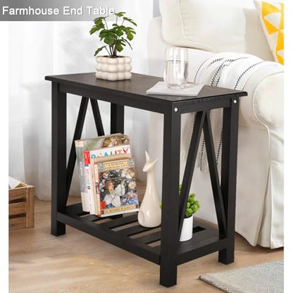 Narrow Side Table with Storage Shelf 2 Tier Wooden Nightstand Bedside Tables for Small Spaces Black Modern Accent Sofa Side Tables for Couch Living Room Bedroom Entryway - color: Wood Grain Black