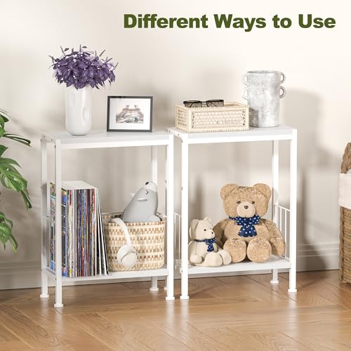 Narrow Side Table, Skinny End Tables with Magazine Holder, Small Sofa Table for Small Spaces, Space-Saving Design, Slim Nightstand Bedside Table for Living Room, Bedroom, Office, White - color: White