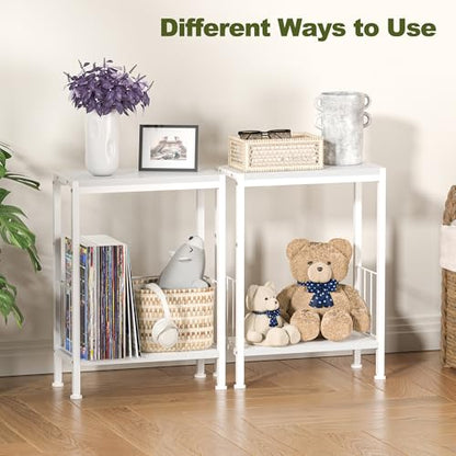 Narrow Side Table, Skinny End Tables with Magazine Holder, Small Sofa Table for Small Spaces, Space-Saving Design, Slim Nightstand Bedside Table for Living Room, Bedroom, Office, White - color: White
