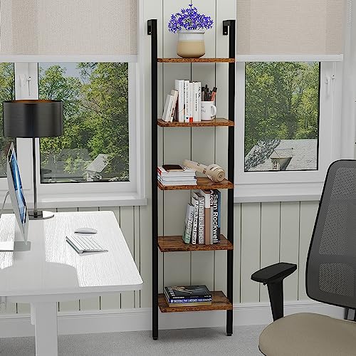 YMYNY 5 Tiers Ladder Bookcase, Industrial Wall Mounted Bookshelf, Open Display Rack with Metal Frame, Wooden Storage Shelves for Bedroom, Home Office, Plant Stand, Rustic Brown, 70*17.3*11.8"UHBC015H - color: Rustic Brown