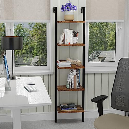 YMYNY 5 Tiers Ladder Bookcase, Industrial Wall Mounted Bookshelf, Open Display Rack with Metal Frame, Wooden Storage Shelves for Bedroom, Home Office, Plant Stand, Rustic Brown, 70*17.3*11.8"UHBC015H - color: Rustic Brown