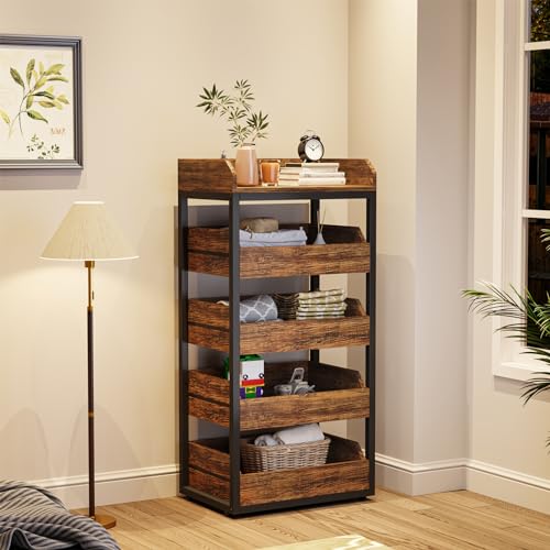 LITTLE TREE 5-Tier Wood Fruit Vegetable Storage Basket Stand, Pull-Out Snack Stand Fruit Basket Stand, Utility Shelf Organizer for Kitchen, Living Room, Bedroom, Rustic Brown