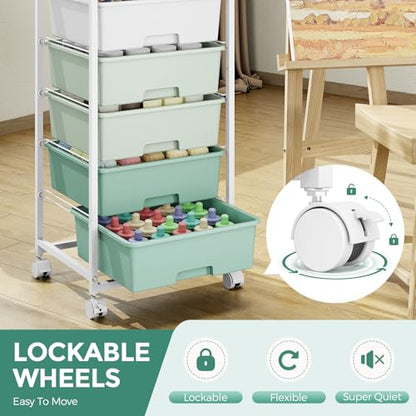 Rolling Storage Cart with 6 Drawers and Wooden Tabletop, Lockable Wheels Utility Cart for Art Studios, Office Supplies & Craft Room Organization (Green) - color: Green