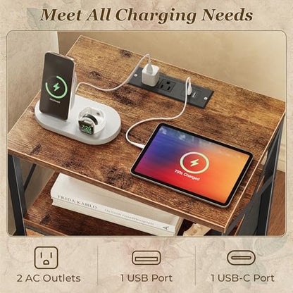 Huuger Nightstands Set of 2, Night Stand with Charger Station, 2 Drawer Side Table with Open Shelf, USB-C Port, End Table for Small Spaces, X Shaped Side Rail, Rustic Brown - color: Rustic Brown