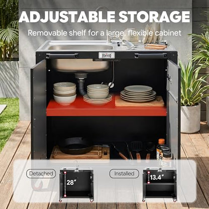 Feasto Outdoor Kitchen Island with Stainless Steel Sink and Storage Cabinet, 35-Inch BBQ Prep Station with Faucet & Lockable Wheels for Patio, Backyard, and Outdoor Cooking, Black & Silver - size: Outdoor Kitchen Sink Station