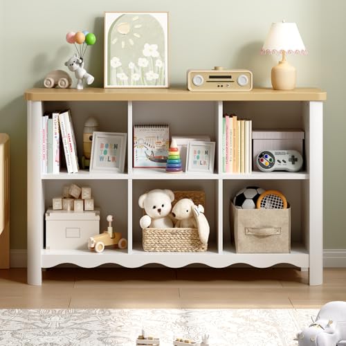 6 Cube Storage Organizer, 28 Inch Kids Low Storage Cabinet, Toddler Toy Storage Bookcase and Bookshelf for Kids Rooms, Playroom, Nursery, Living Room, Rounded Corners & Anti-Tip