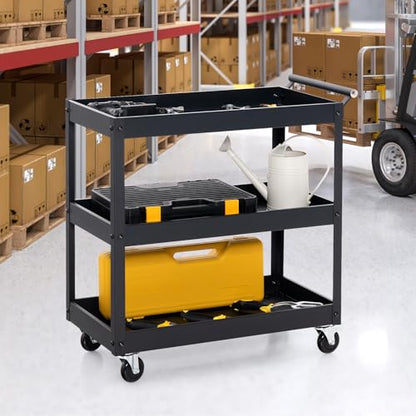 3-Tier Rolling Tool Cart, Mechanic Organizer Push Cart with 4 Universal Wheels & 2 Brakes, Heavy-Duty Metal Service Carts for Home, Kitchen, Warehouse, Garage (Black) - size: 3" Wheels