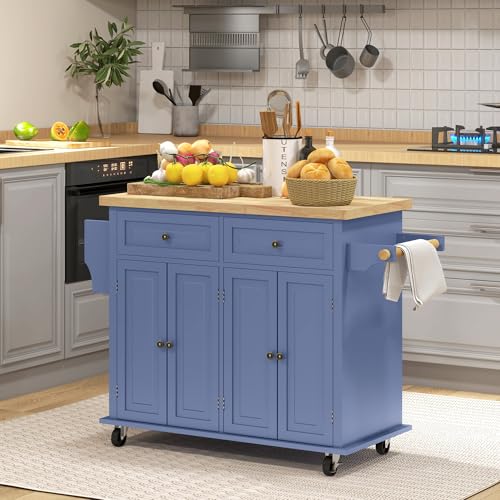 HOMCOM Kitchen Island Cart with Solid Wood Top, 44" Mobile Kitchen Island Table on Wheels with Storage Cabinets, 2 Drawers, Adjustable Shelves, Spice Rack & Towel Bar for Dining Room, Navy Blue - color: Navy Blue