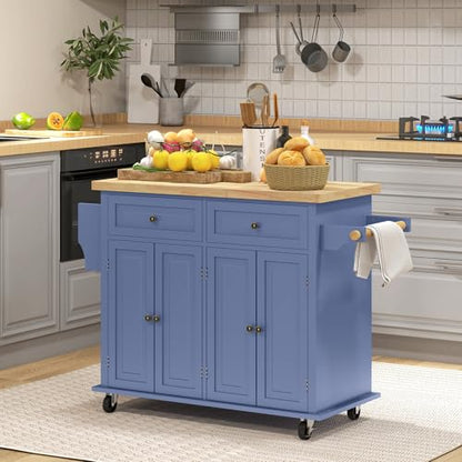 HOMCOM Kitchen Island Cart with Solid Wood Top, 44" Mobile Kitchen Island Table on Wheels with Storage Cabinets, 2 Drawers, Adjustable Shelves, Spice Rack & Towel Bar for Dining Room, Navy Blue - color: Navy Blue